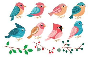 Spring bird cute set, clipart vector	
