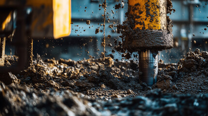 Close-Up of a Rotating Drill Head Covered in Mud at a Construction Site