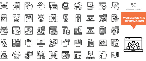 Collection of web design and optimization icons in a minimalist outline style.