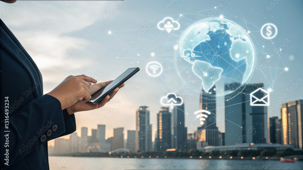 Poster person using smartphone with futuristic holographic display of global connectivity icons over citysc