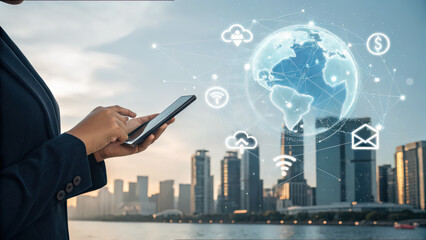 person using smartphone with futuristic holographic display of global connectivity icons over cityscape