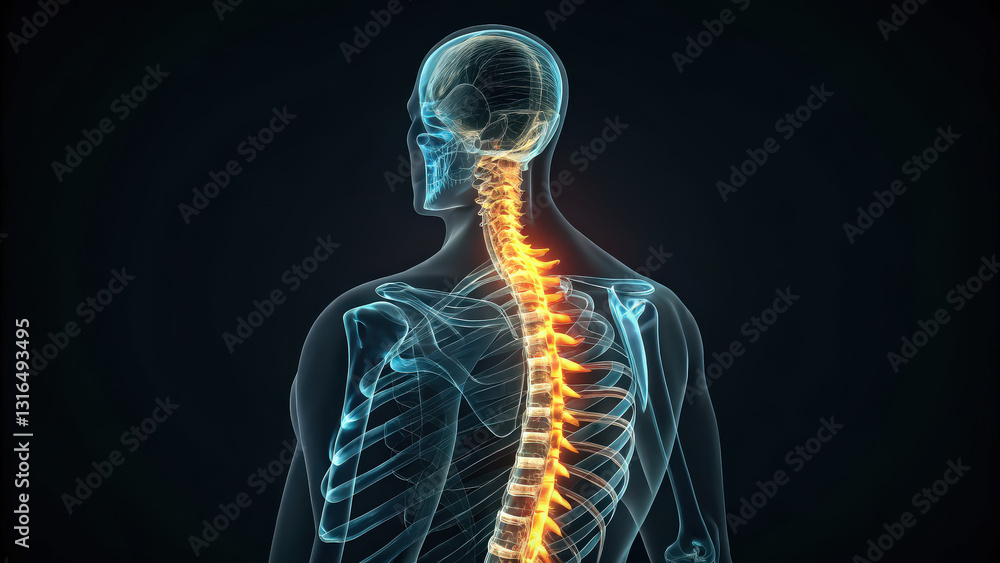 Aufkleber futuristic x ray scan of human spine with glowing elements, showcasing skeletal structure and vertebrae in digital style. image highlights spine alignment and curvature