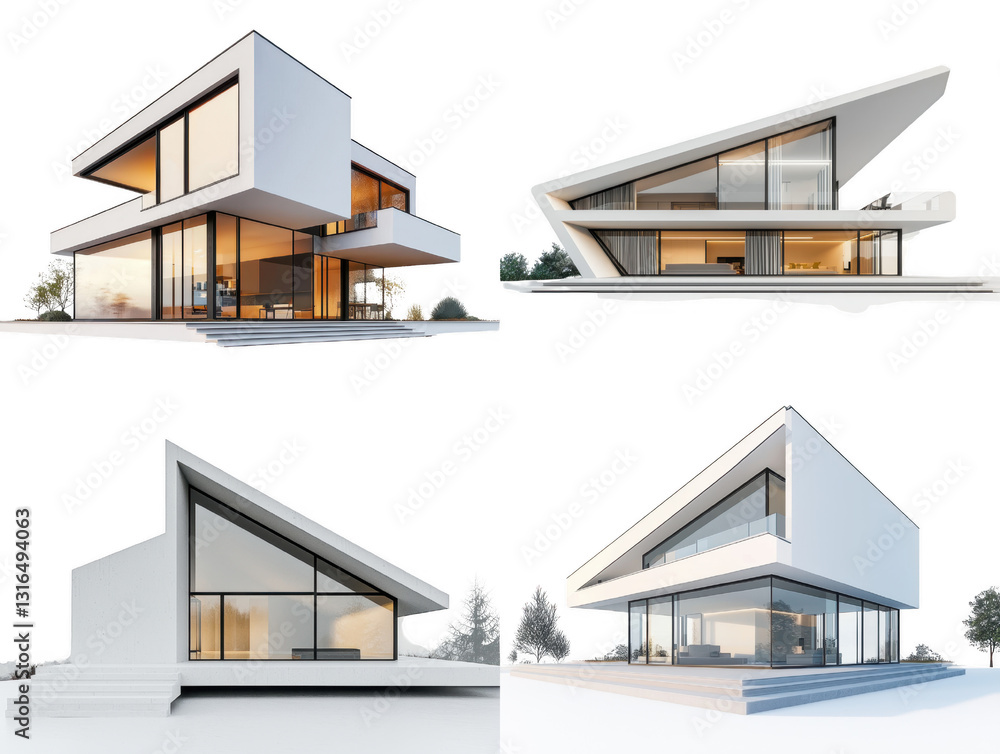 Poster modern architectural designs featuring sleek, angular structures with large glass windows and minima