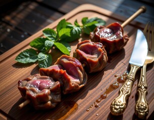 Delicious skewers of grilled meat with fresh mint leaves on a wooden board at a sunny outdoor setting