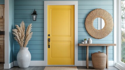 A vibrant yellow door serves as the focal point in a tranquil coastal home, accented by blue walls, decorative plants, and natural textures, creating an inviting atmosphere