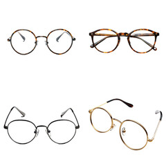 collection of four stylish eyeglasses featuring round and oval frames in various colors and materials, including tortoiseshell and metal, displayed on transparency background