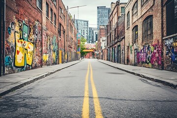 Naklejka premium Empty alleyway with vibrant graffiti art, leading to city skyline, urban scene, for backgrounds