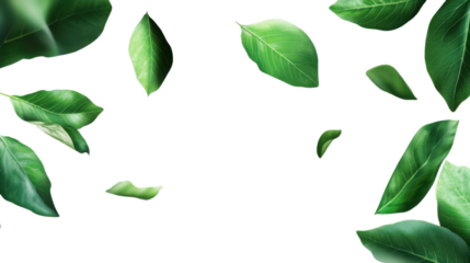 "A few fresh green leaves drifting downwards, isolated on transparent background, with their edges crisp and delicate against the backdrop.