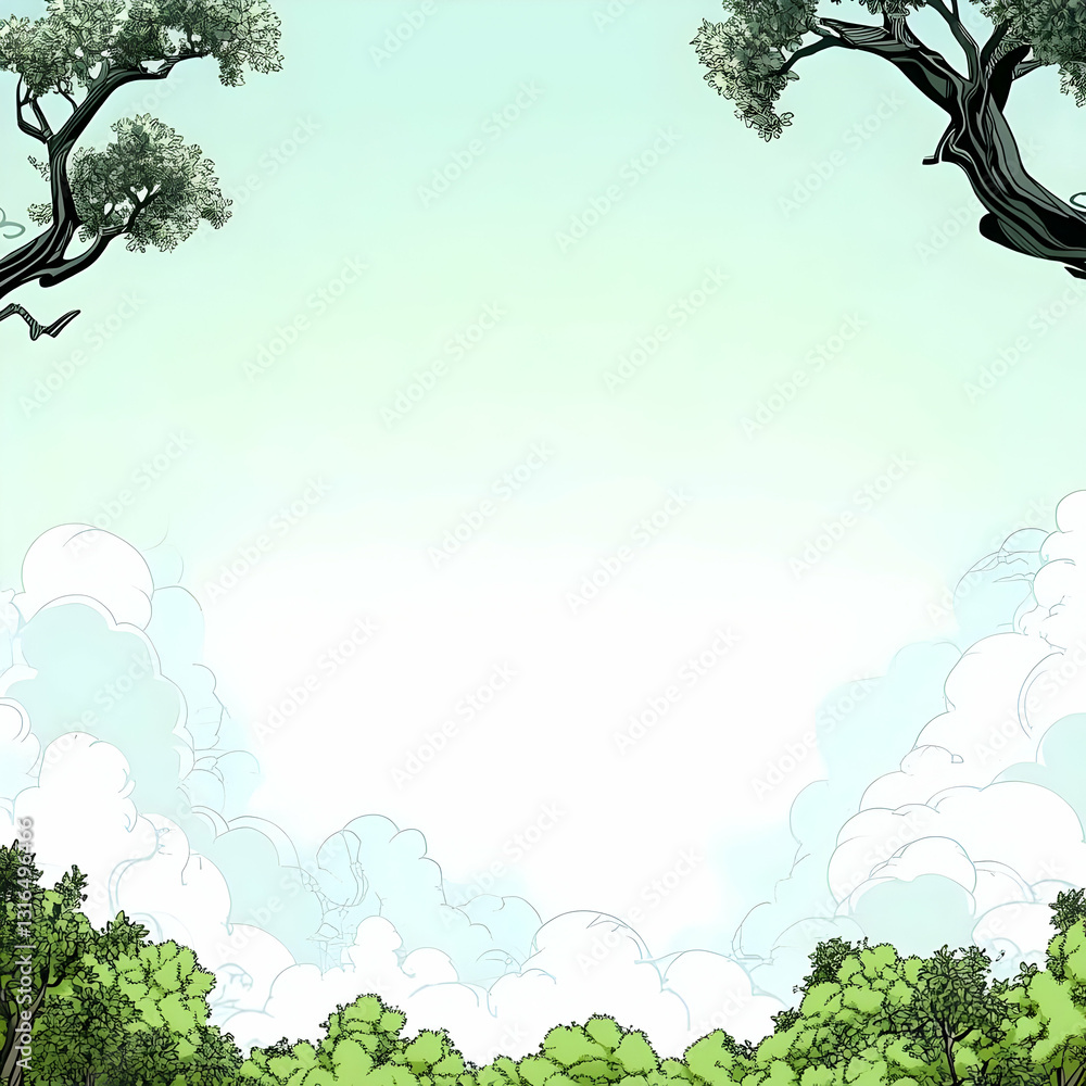 Poster stylized illustration of lush greenery enframing a cloudy sky, creating a serene and peaceful backgr
