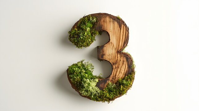 A number "3" made from natural, polished wood, with moss growing on its surface, placed against a bright white background. The green moss adds texture and an organic feel, while the wood is grain