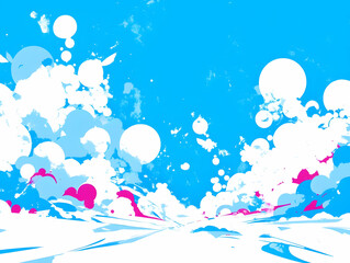 Abstract Blue and White Bubble Landscape with Pink Accents, Digitally Created Artistic Background Illustration