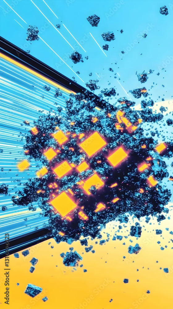 Poster abstract 3d digital art: glowing fragments exploding from a geometric structure, creating a dynamic,
