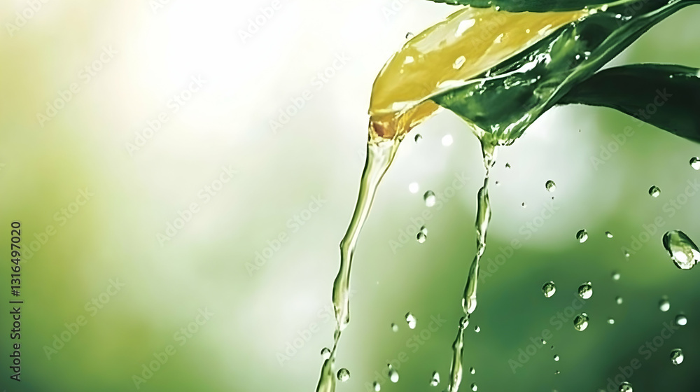 Poster abstract green liquid flows from leaf, creating a splashing cascade against a soft, blurred backgrou