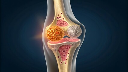 Obraz premium Illustration of a knee joint highlighting bone structure and cellular activity.