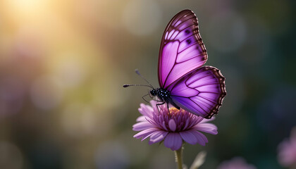 Obraz premium Purple Butterfly Resting on Flower in Garden with Soft Sunlight