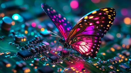 Vibrant Purple Butterfly on Futuristic Circuit Board Technology Digital Art Abstract Background Neon Lights Glowing Wings Detailed Design High        