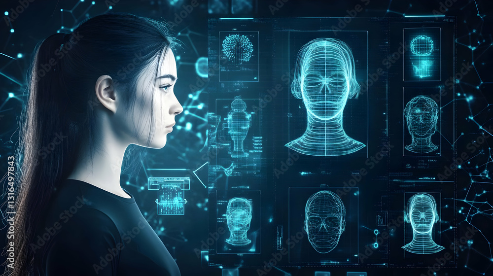 Aufkleber digital woman profile viewed through futuristic interface showing 3d wireframe head scans and networ