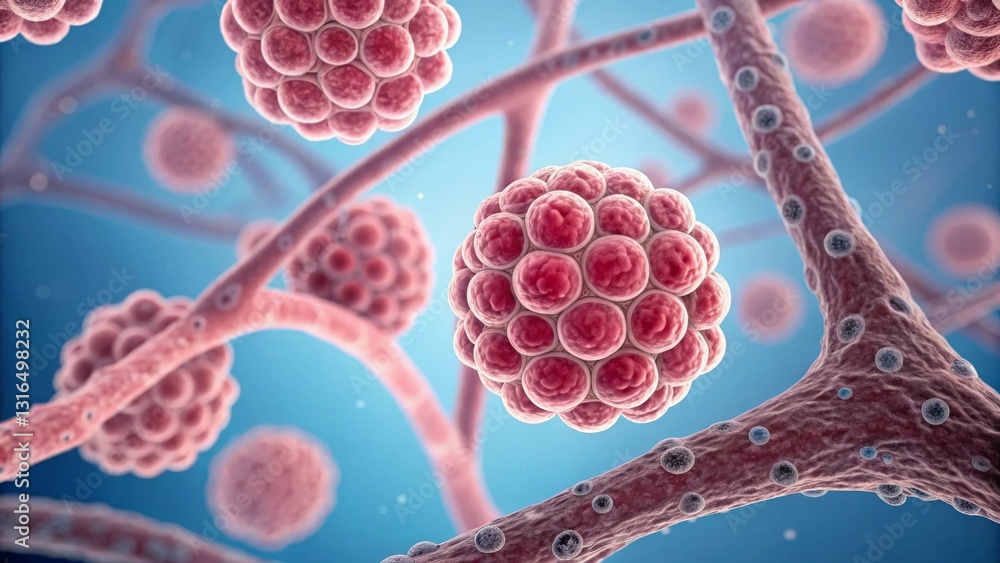 Poster microscopic view of cellular structures resembling clusters of cells.