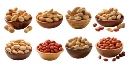 Assorted Nuts Displayed in Various Bowls on White Background, PNG bundle collection, Isolated on Transparent Background