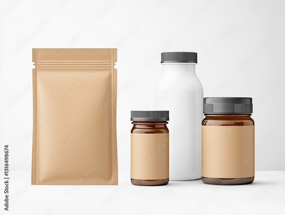 Poster minimalist display of various containers on a clean surface, showcasing product potential