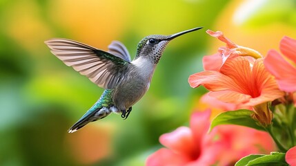 Fototapeta premium A small hummingbird hovers near a blooming orange flower