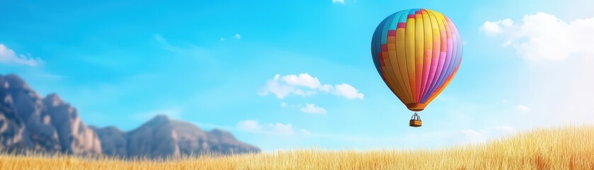 Naklejka premium Vibrant Hot Air Balloon Over Golden Fields in Summer Sky During Festival Celebration