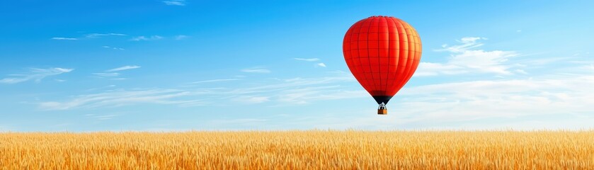 Naklejka premium Majestic Red Hot Air Balloon Floating Over Golden Wheat Fields Under a Clear Summer Sky