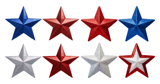 Colorful Stars in Red, White, and Blue Arrangement for Celebration, isolated on transparent background