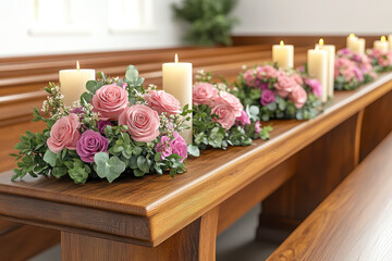 A serene arrangement of pink roses and candles adorns a wooden bench, creating a romantic and peaceful atmosphere.