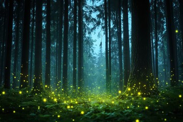 Enchanted Forest Scene with Glowing Fireflies Illuminating the Mystical Night Surroundings