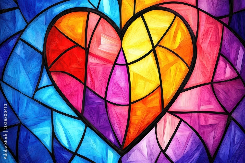 Poster a stained glass heart shape with multiple colorful abstract segments