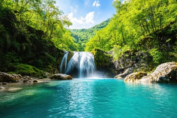 Majestic Waterfall Cascading Into Glowing Blue Pool Surrounded By Lush Greenery