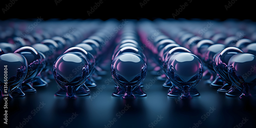 Poster abstract 3d render of dark blue glass spheres arranged in rows on a dark surface, creating a futuris