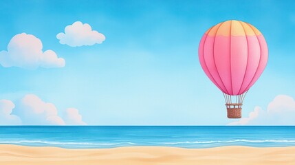 Fototapeta premium Colorful Watercolor Hot Air Balloon Drifting Over a Calm Blue Ocean and Sandy Beach Scene