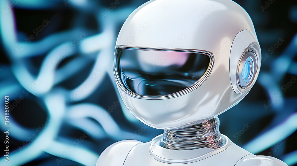 Poster 3d render of a futuristic robot head against an abstract blue background