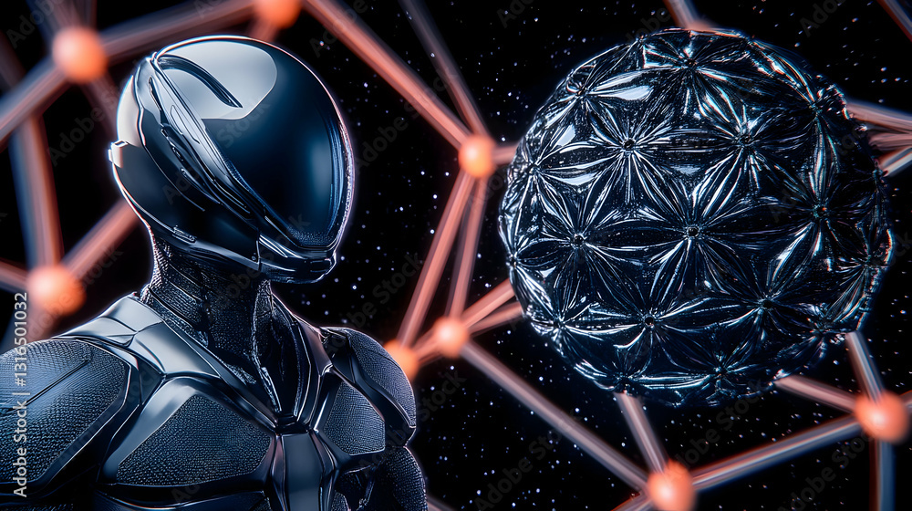 Aufkleber 3d render of futuristic astronaut observing a geometric sphere in space, illuminated by orange netwo