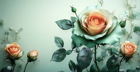 3D design of vintage cards with roses and flowers, elegant floral composition with intricate details and classic aesthetics