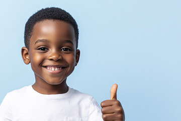 an isolated real joyful African-American boy looks thoughtfully at a place for text, smiles, beautiful, image with a dedicated area for text, on a yellow background