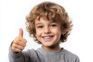 an isolated real joyful kid, smiling and giving a thumbs-up class, European appearance, handsome, smiling, image with a dedicated area for text, on a white background