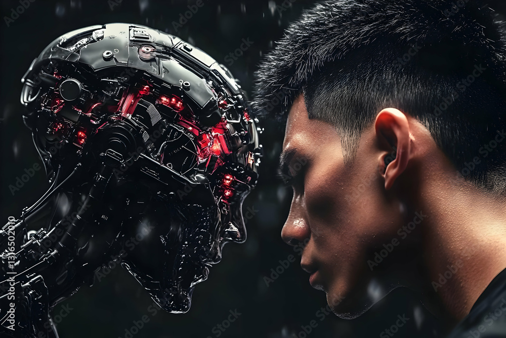 Poster 3d render of a futuristic robot and a man's faces touching, abstract background