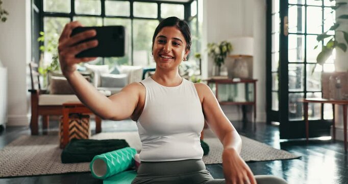 Girl, selfie and peace sign in home, fitness and smile for post on web with pilates, training and yoga mat. Woman, influencer and happy with emoji, exercise and teaching virtual class on social media