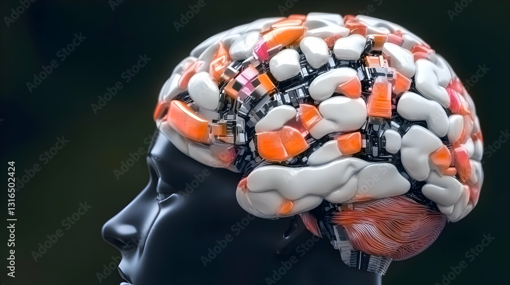 Poster 3d render of a cybernetic brain integrated into a head, showing detailed internal mechanisms and cir