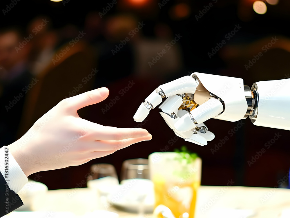 Poster a robotic hand extends towards a human hand in a close-up shot, demonstrating a futuristic interacti