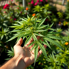 Outdoor hemp bush in a man's hand. Large beautiful leaves in sunlight. hemp leaf on a blurred background of a summer garden