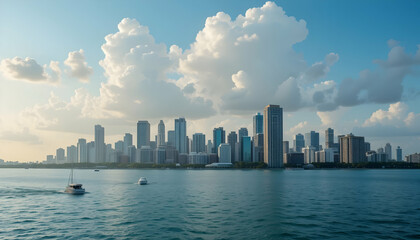 Obraz premium Cityscape Skyline View Over Water with Boats and Cloudy Sky