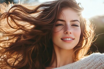 Fototapeta premium A natural beauty moment where a young woman playfully tosses her voluminous, healthy hair.