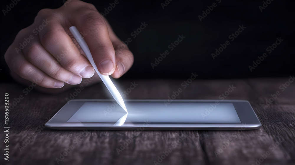 Aufkleber stylus pen gently touches tablet screen in low-light setting, creating soft glow, digital art creati