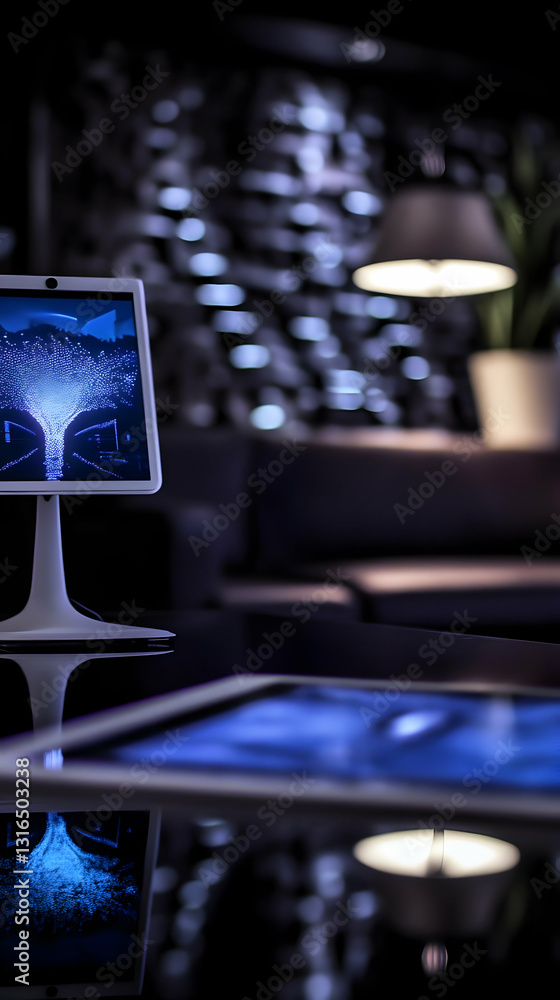Poster abstract digital tree displayed on modern stand, illuminated in dark room with blurred background