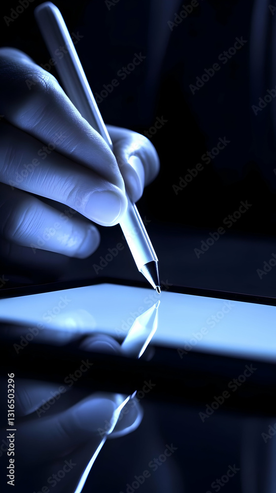 Aufkleber stylus pen gently touches tablet screen, creating digital art in low light setting. abstract backgro