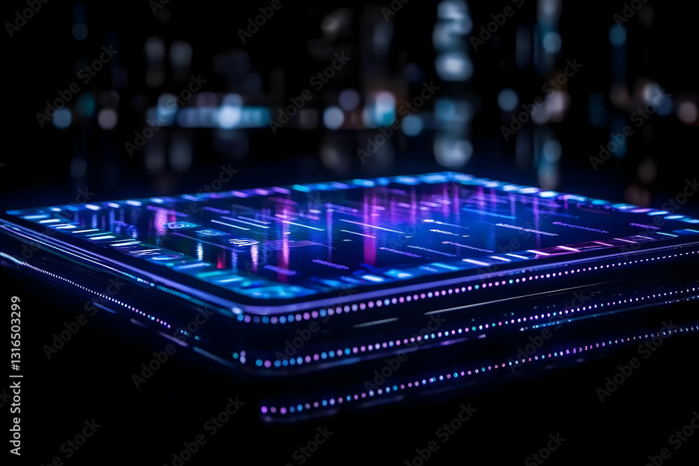 Poster futuristic 3d render of a sleek, illuminated interface displaying abstract data streams against a ni